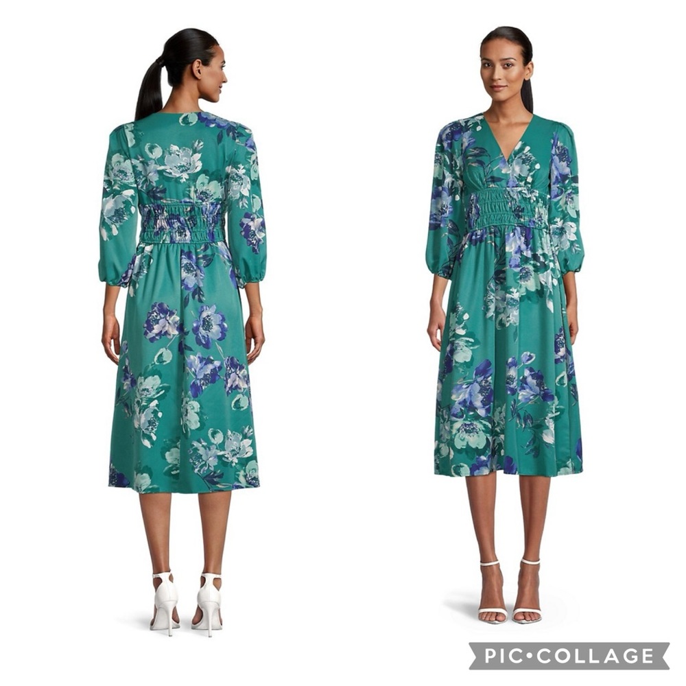 NWT Puff Sleeves V-neck Smocked Waist Midi Dress Sz 10